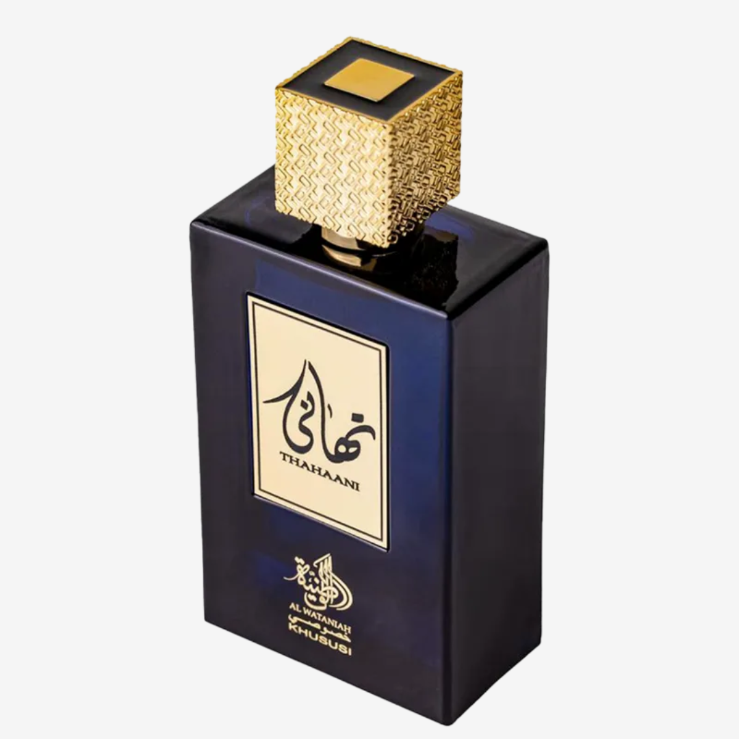 Al Wataniah Thahaani perfume árabe unissex intenso e luxuoso. Notas orientais e amadeiradas com fixação marcante. Sofisticação em cada borrifada.