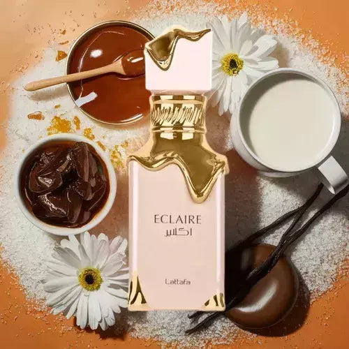 Lattafa Eclaire perfume árabe feminino doce e sofisticado. Essência envolvente com flores, baunilha e almíscar. Fixação intensa e luxuosa.
