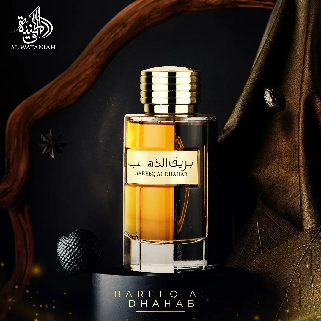 Bareeq Al Dhahab Al Wataniah é um perfume árabe masculino sofisticado, com notas amadeiradas e especiadas que transmitem força e elegância.