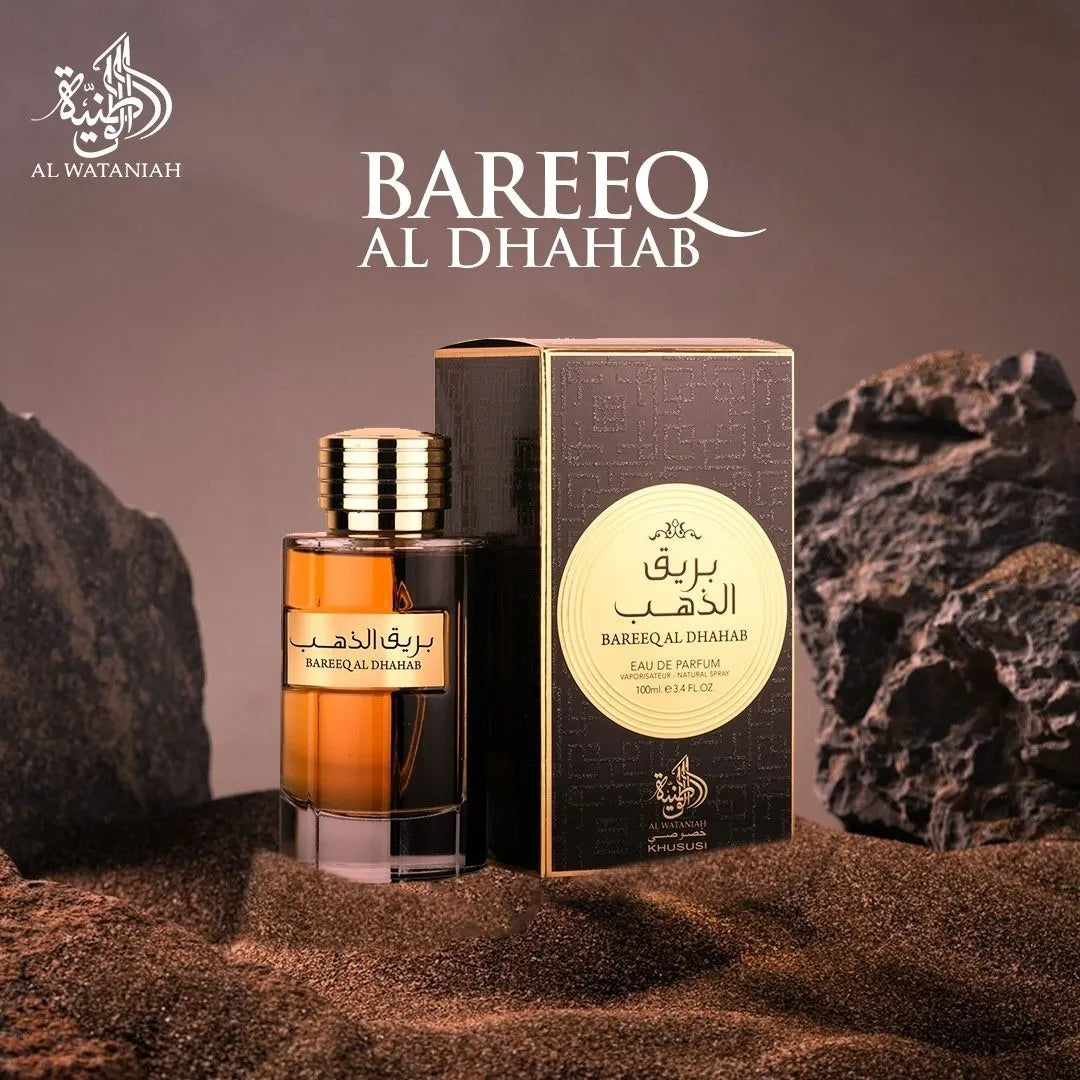 Bareeq Al Dhahab Al Wataniah é um perfume árabe masculino sofisticado, com notas amadeiradas e especiadas que transmitem força e elegância.