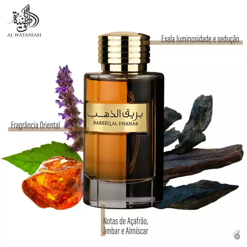 Bareeq Al Dhahab Al Wataniah é um perfume árabe masculino sofisticado, com notas amadeiradas e especiadas que transmitem força e elegância.