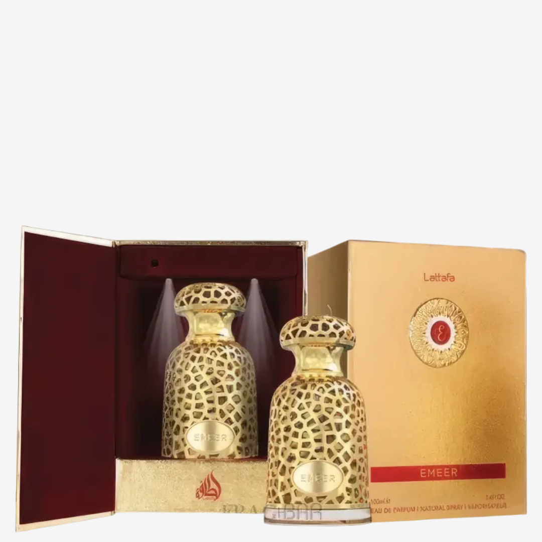 Lattafa Emeer perfume árabe unissex sofisticado e marcante, com notas orientais, florais e amadeiradas. Elegância e intensidade em cada detalhe.
