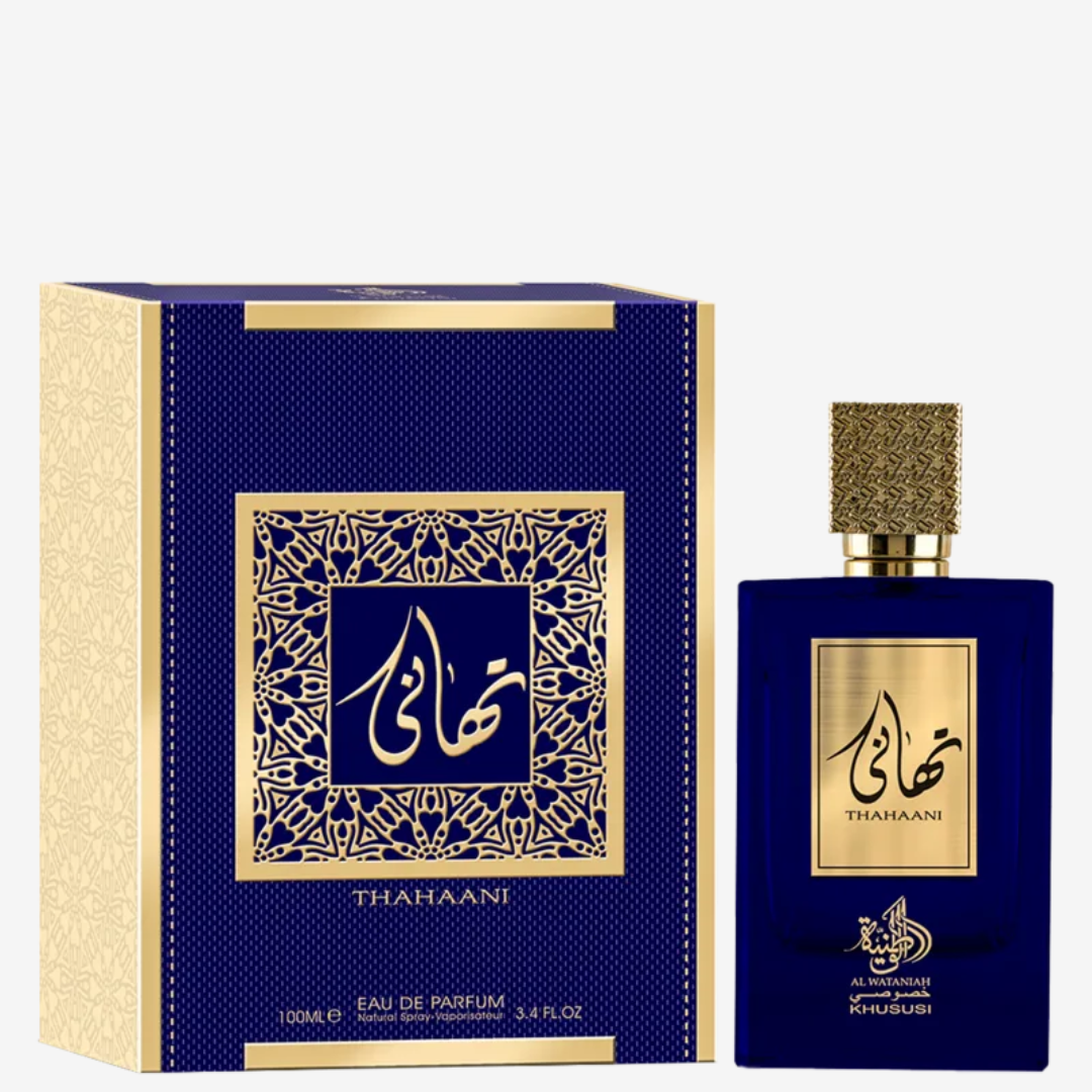 Al Wataniah Thahaani perfume árabe unissex intenso e luxuoso. Notas orientais e amadeiradas com fixação marcante. Sofisticação em cada borrifada.