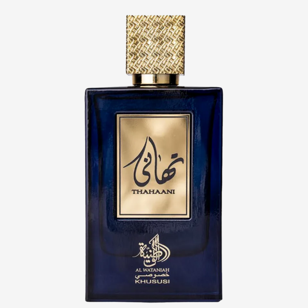 Al Wataniah Thahaani perfume árabe unissex intenso e luxuoso. Notas orientais e amadeiradas com fixação marcante. Sofisticação em cada borrifada.