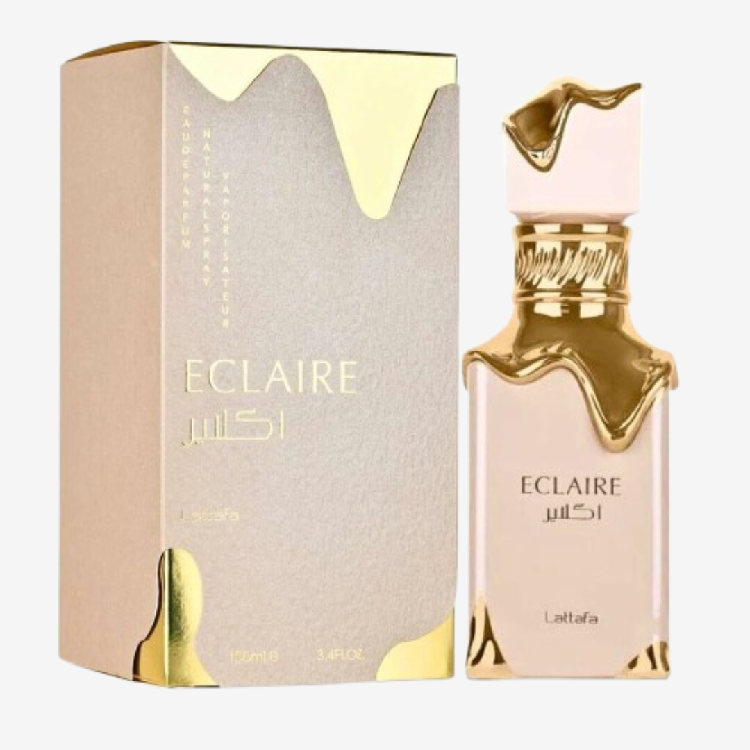 Lattafa Eclaire perfume árabe feminino doce e sofisticado. Essência envolvente com flores, baunilha e almíscar. Fixação intensa e luxuosa.