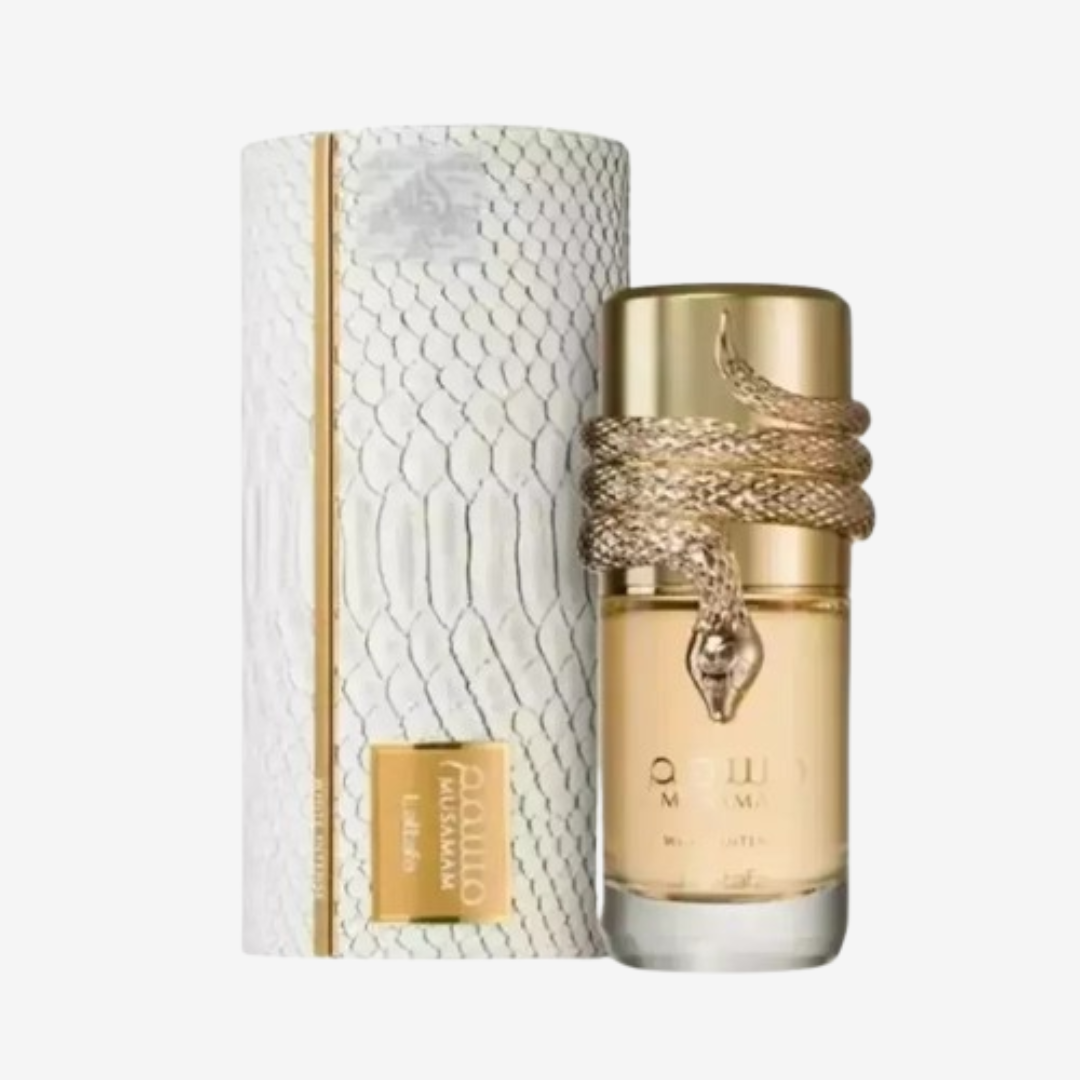 Musamam White Intense Lattafa perfume árabe unissex luxuoso, com notas especiadas e amadeiradas. Fixação intensa e presença marcante.