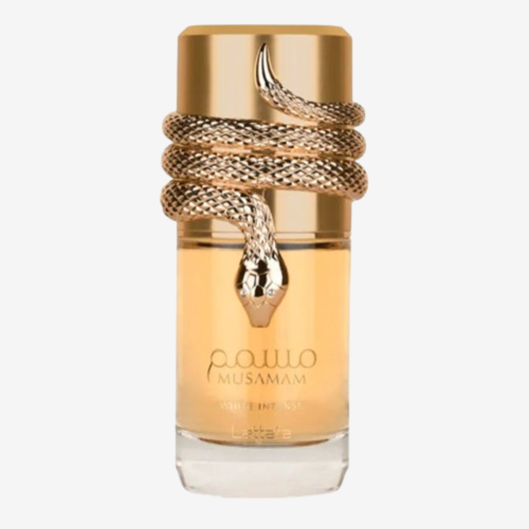 Musamam White Intense Lattafa perfume árabe unissex luxuoso, com notas especiadas e amadeiradas. Fixação intensa e presença marcante.