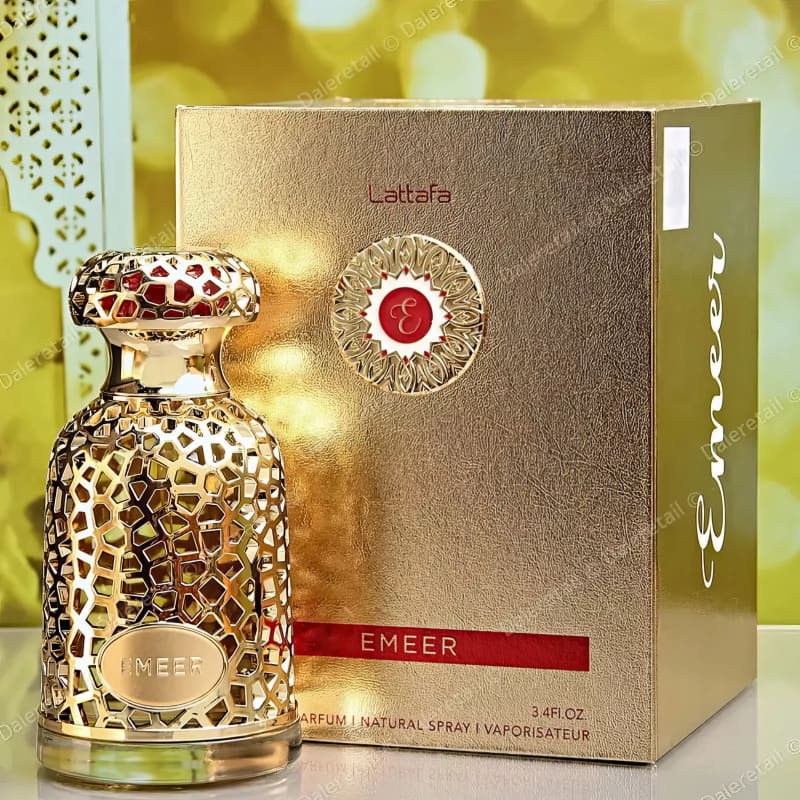 Lattafa Emeer perfume árabe unissex sofisticado e marcante, com notas orientais, florais e amadeiradas. Elegância e intensidade em cada detalhe.
