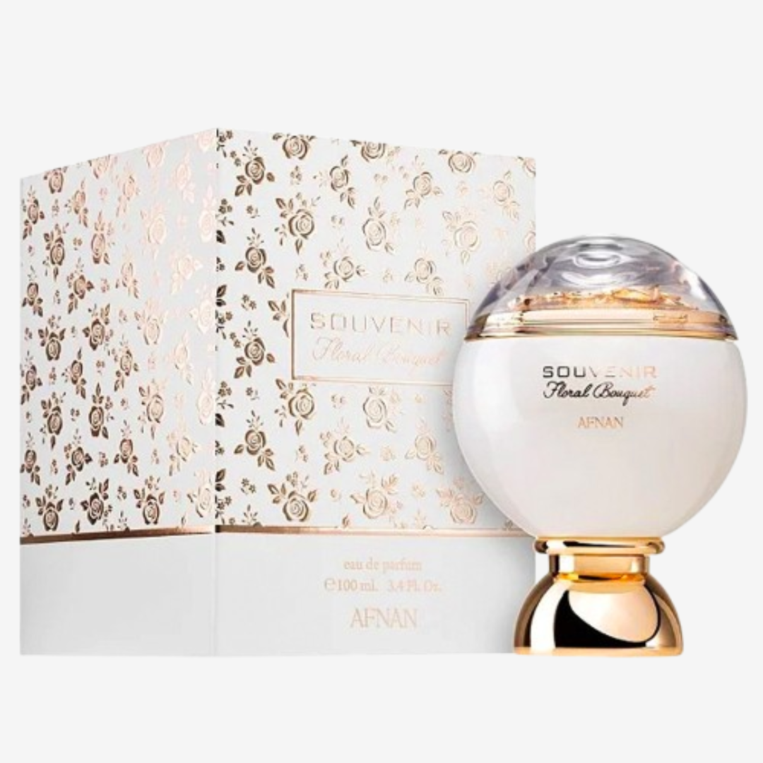 Souvenir Floral Bouquet Afnan  fragrância feminina elegante e delicada. Notas florais e frutadas com fixação prolongada. Original na Bravanni.